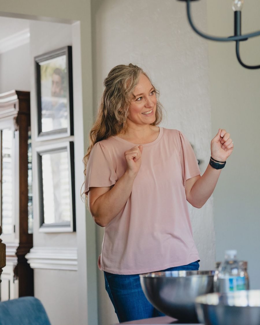 Rachel teaching a sourdough class, mid-demonstration